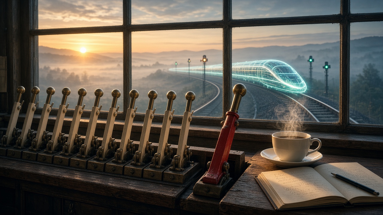 Railway signal box at dawn with a row of brass signal levers