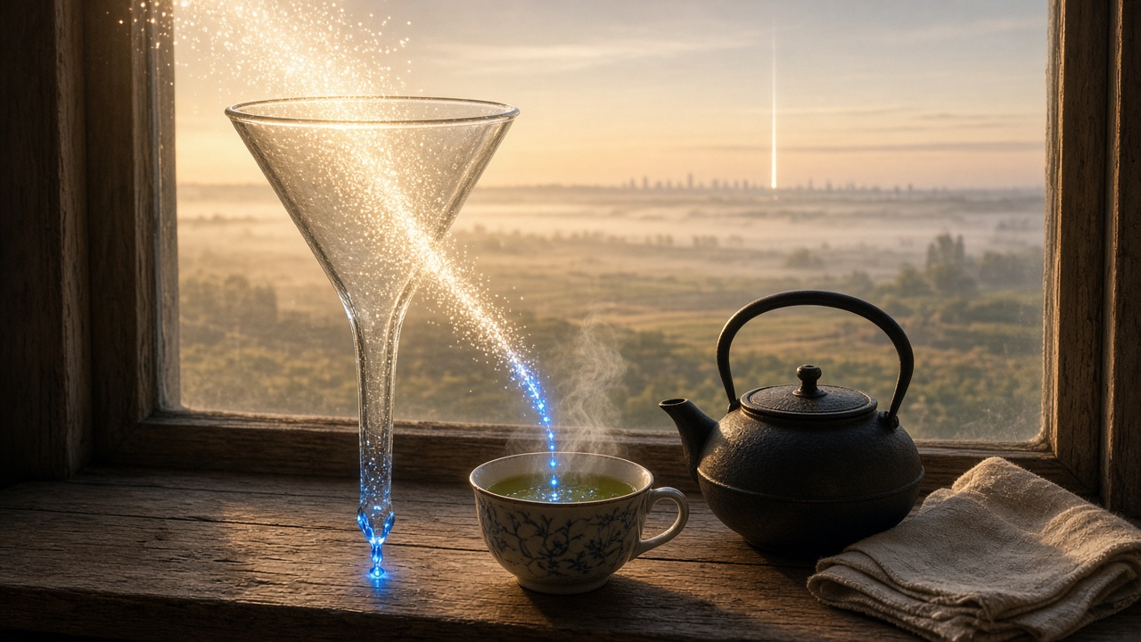 Glass funnel on a windowsill at dawn, a stream of light narrowing into a few bright sparks