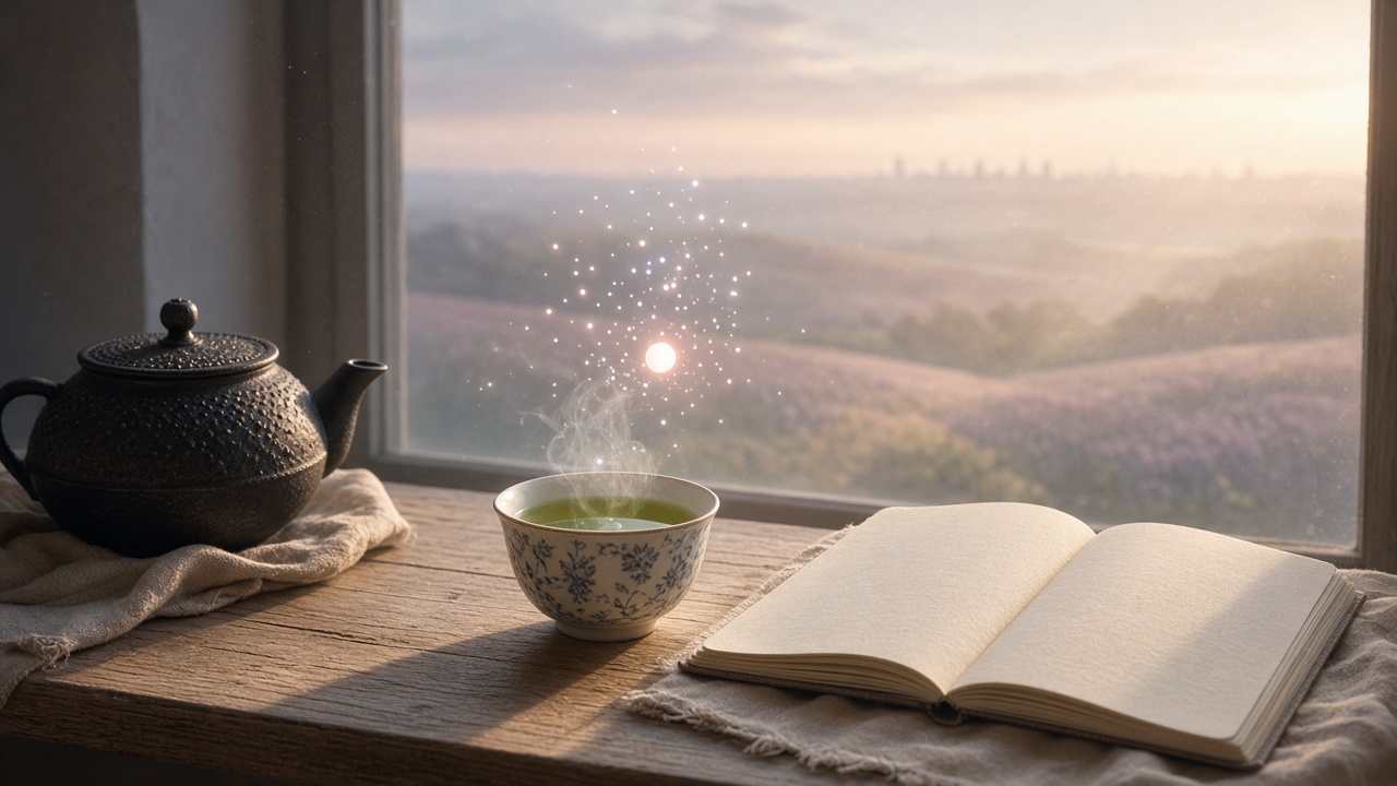 Teapot, cup of green tea and an open notebook on a windowsill at sunrise